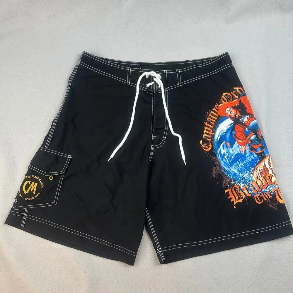 Captain Morgan Board Shorts Mens 38 Black Brave Wave Pirate Swim Trunks Rum Logo